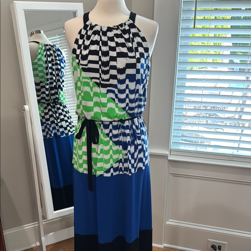 Maggy London NWOT Black White Blue and Green Maxi Halter Sundress Sz 6